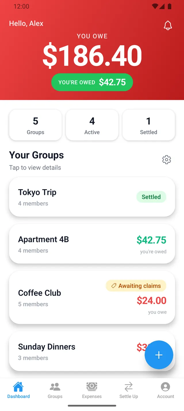 SplitterUp on Android: dashboard showing money you owe