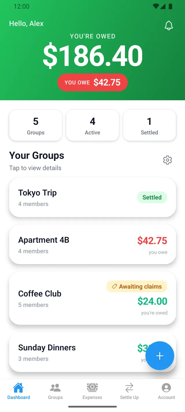SplitterUp on Android: dashboard showing money owed to you