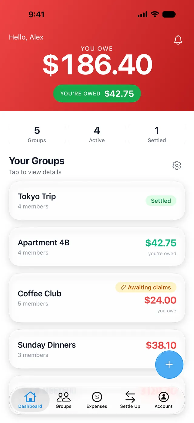 SplitterUp on iPhone: dashboard showing money you owe