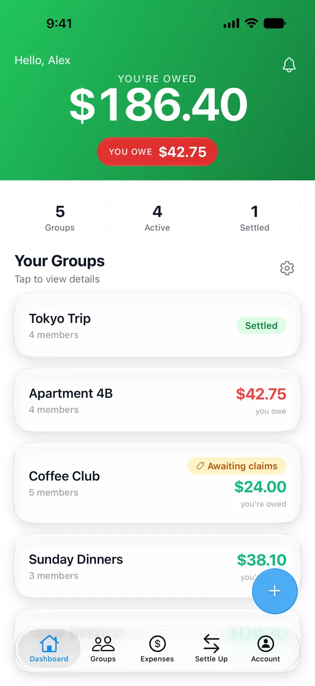 SplitterUp on iPhone: dashboard showing money owed to you