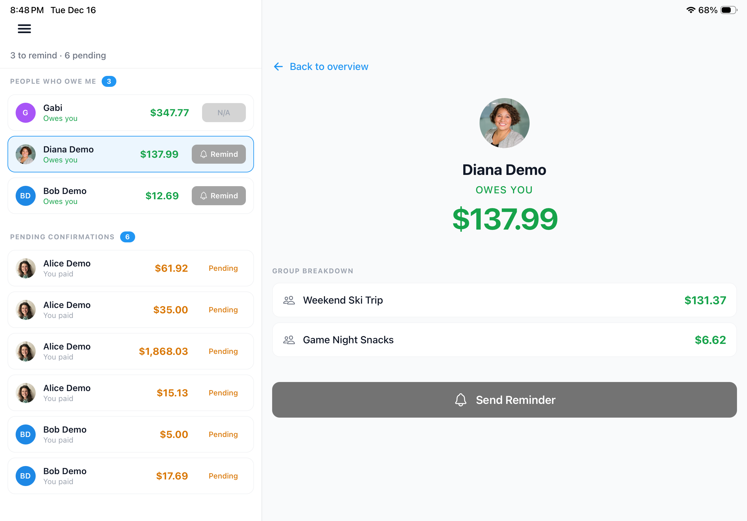 SplitterUp settlement screen showing the minimum set of payments needed to settle a group