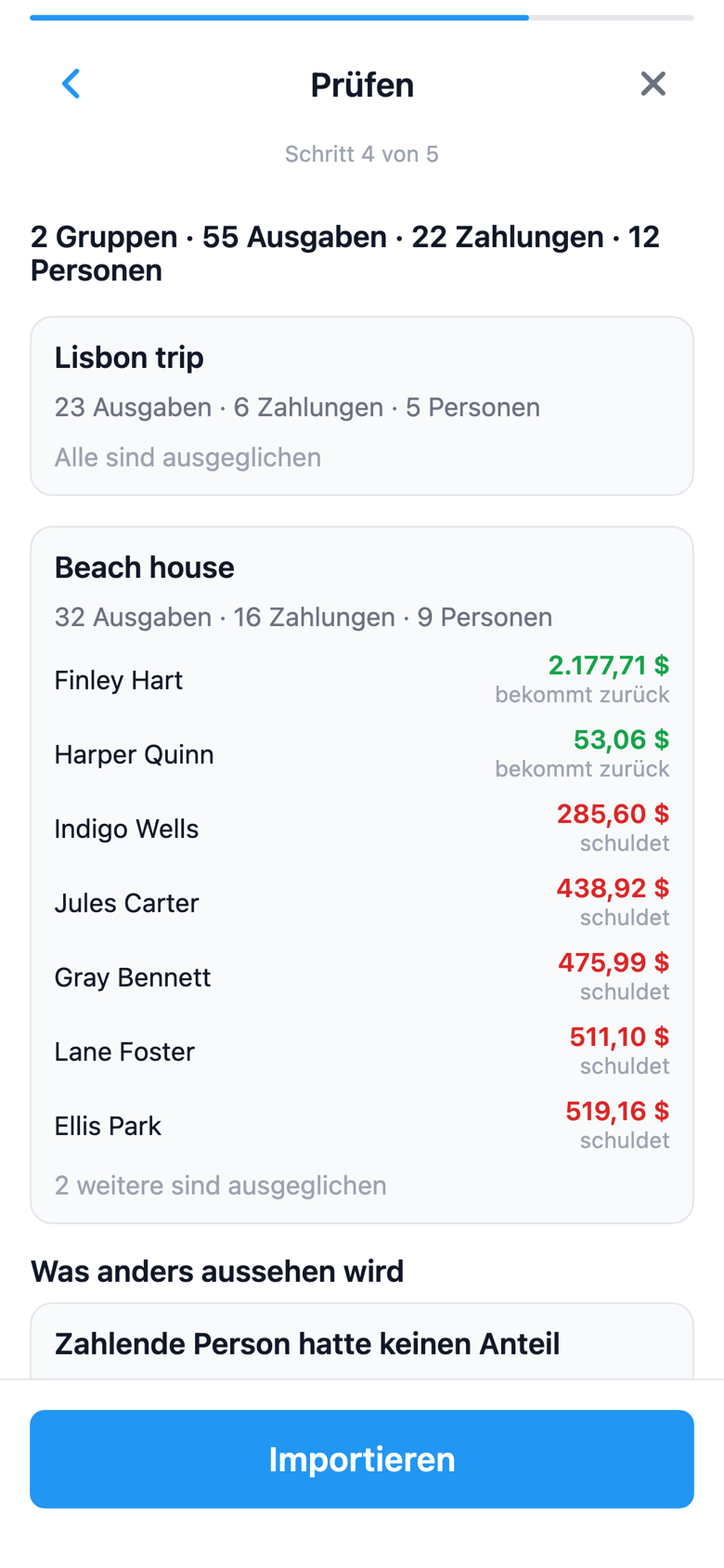 SplitterUp's Splitwise import Review step shown in German, with balances written as 2.177,71 dollars, 285,60 dollars, and similar amounts using German comma-decimal formatting