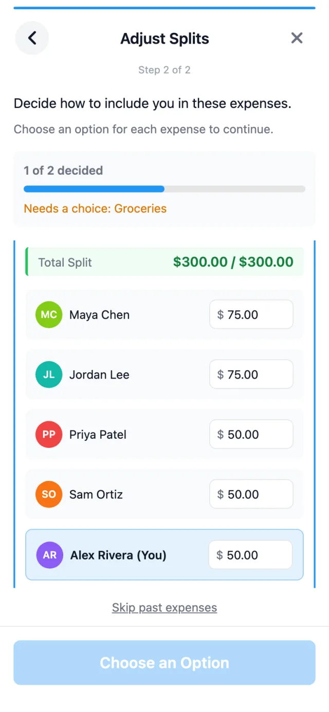 SplitterUp's Adjust Splits page, with a custom split edited by hand to $75, $75, $50, $50 and $50, adding up to $300.00 of $300.00.