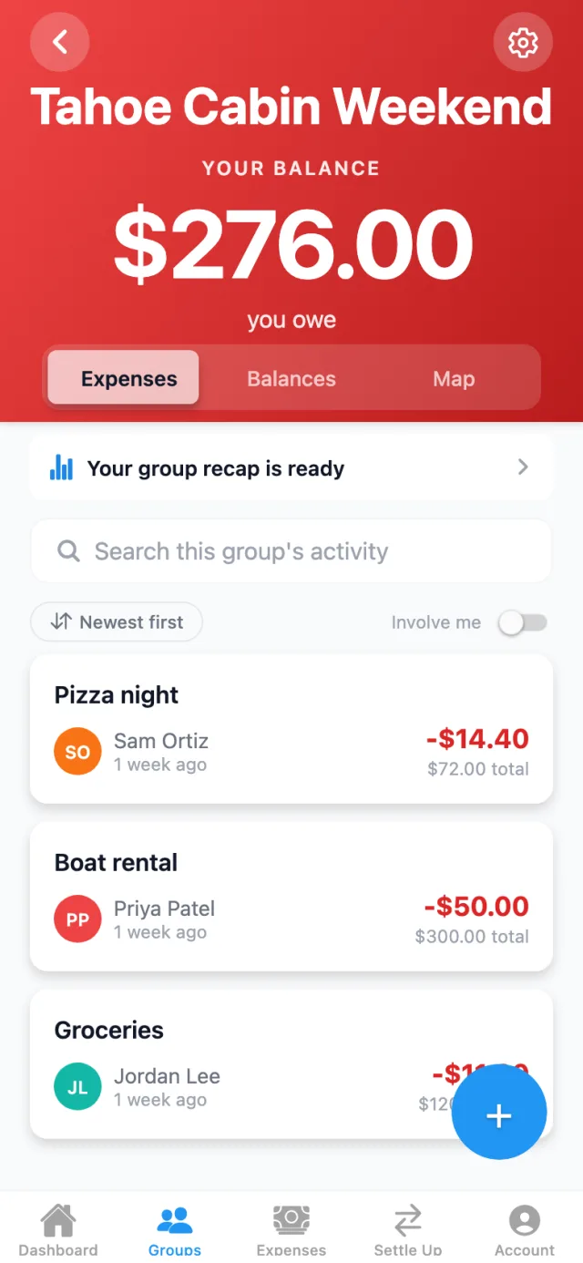 SplitterUp's Tahoe Cabin Weekend group after the re-split, with the new member's balance at $276.00 you owe and his new shares on Pizza night and Boat rental.