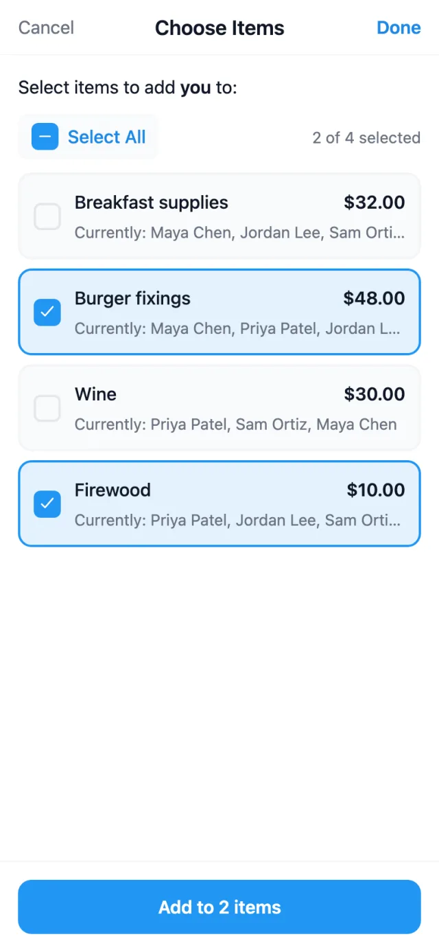 SplitterUp's Choose Items picker, with Burger fixings and Firewood checked and an Add to 2 items button.