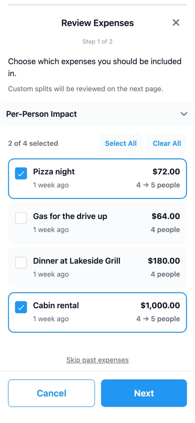 SplitterUp's Review Expenses page, listing a group's earlier expenses, with Pizza night and Cabin rental checked and Gas for the drive up and Dinner at Lakeside Grill unchecked.
