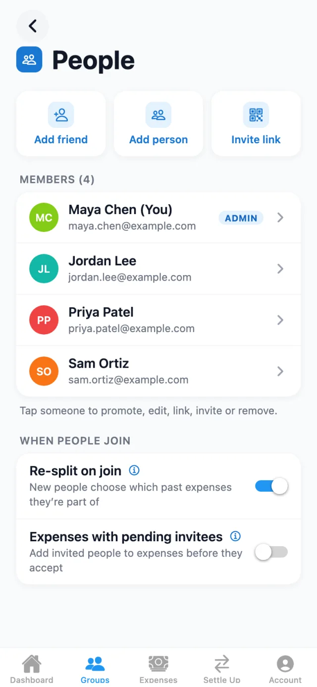 SplitterUp's People page for a group, with Re-split on join switched on under When people join.