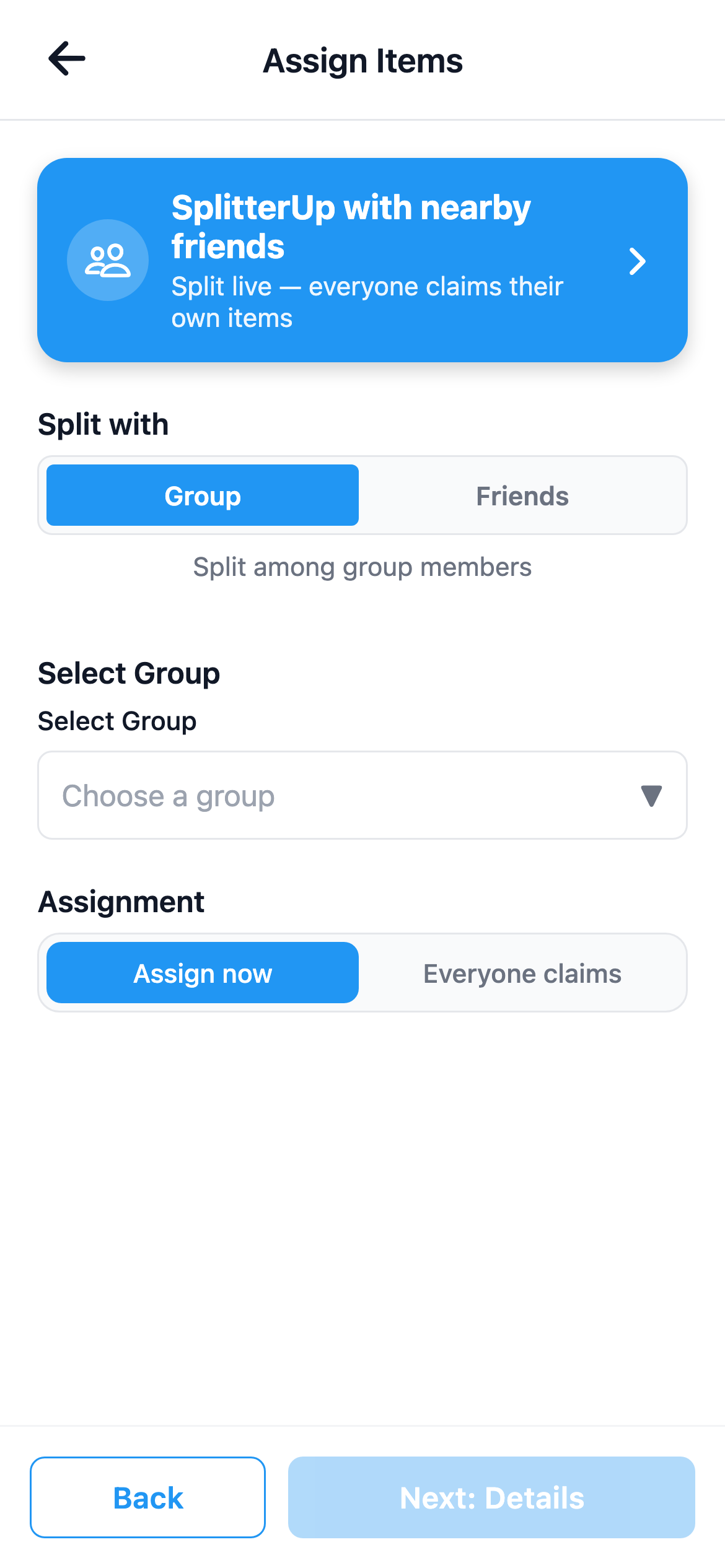 SplitterUp assign screen with the blue Share with nearby friends button.