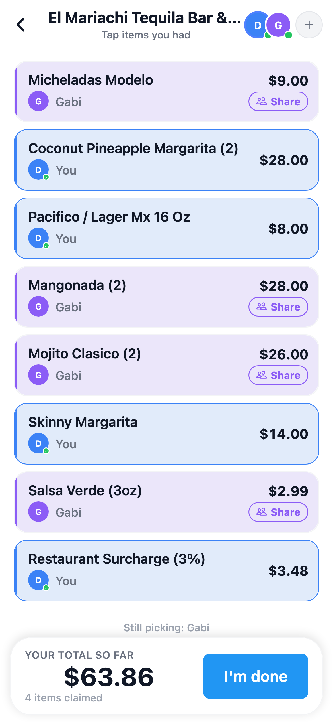 SplitterUp claiming screen with several items already claimed and a running total at the bottom.