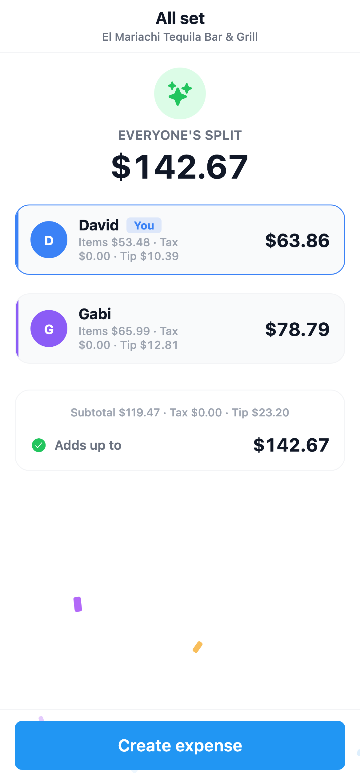 SplitterUp finalize screen with per-person totals, confetti, and a reconciliation footer.