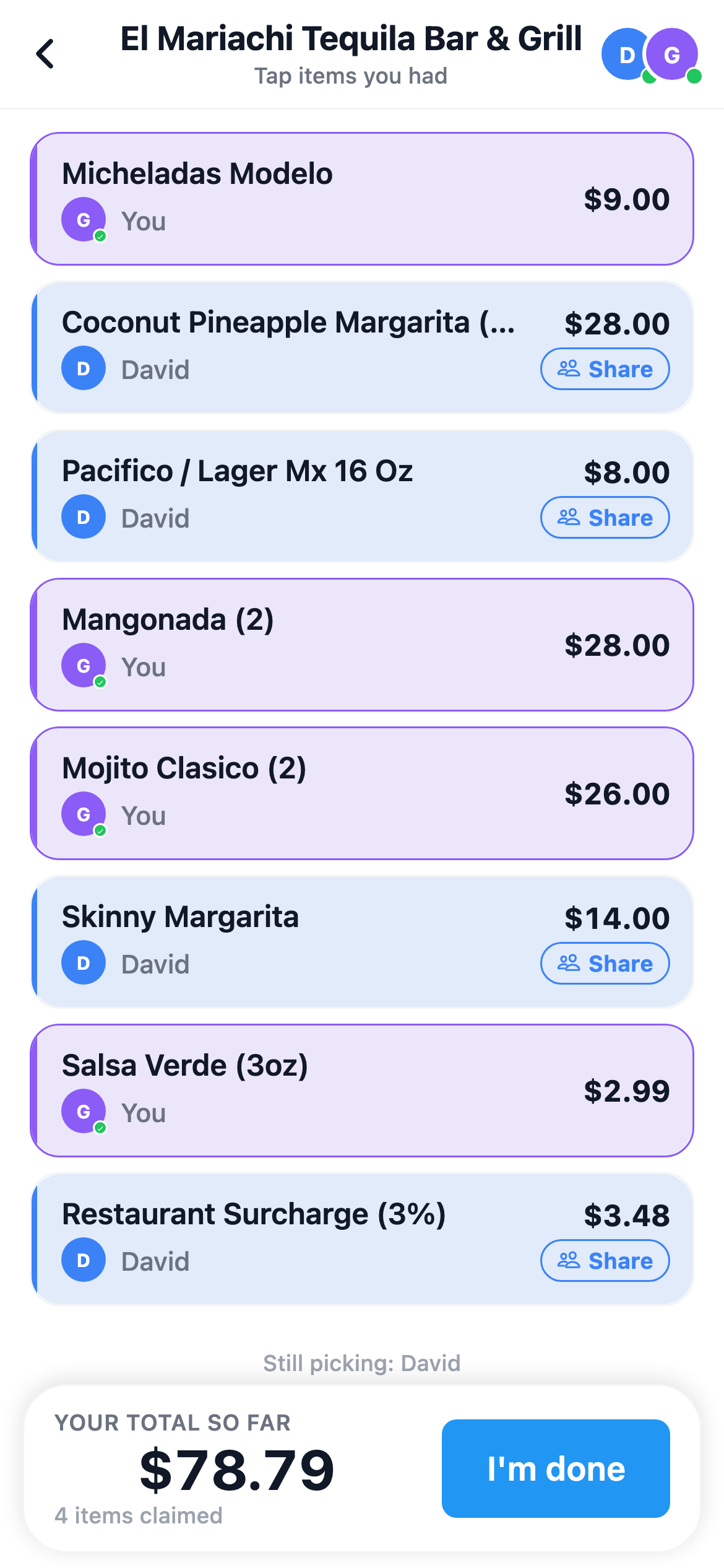 A guest claiming their own items in SplitterUp from their own phone.
