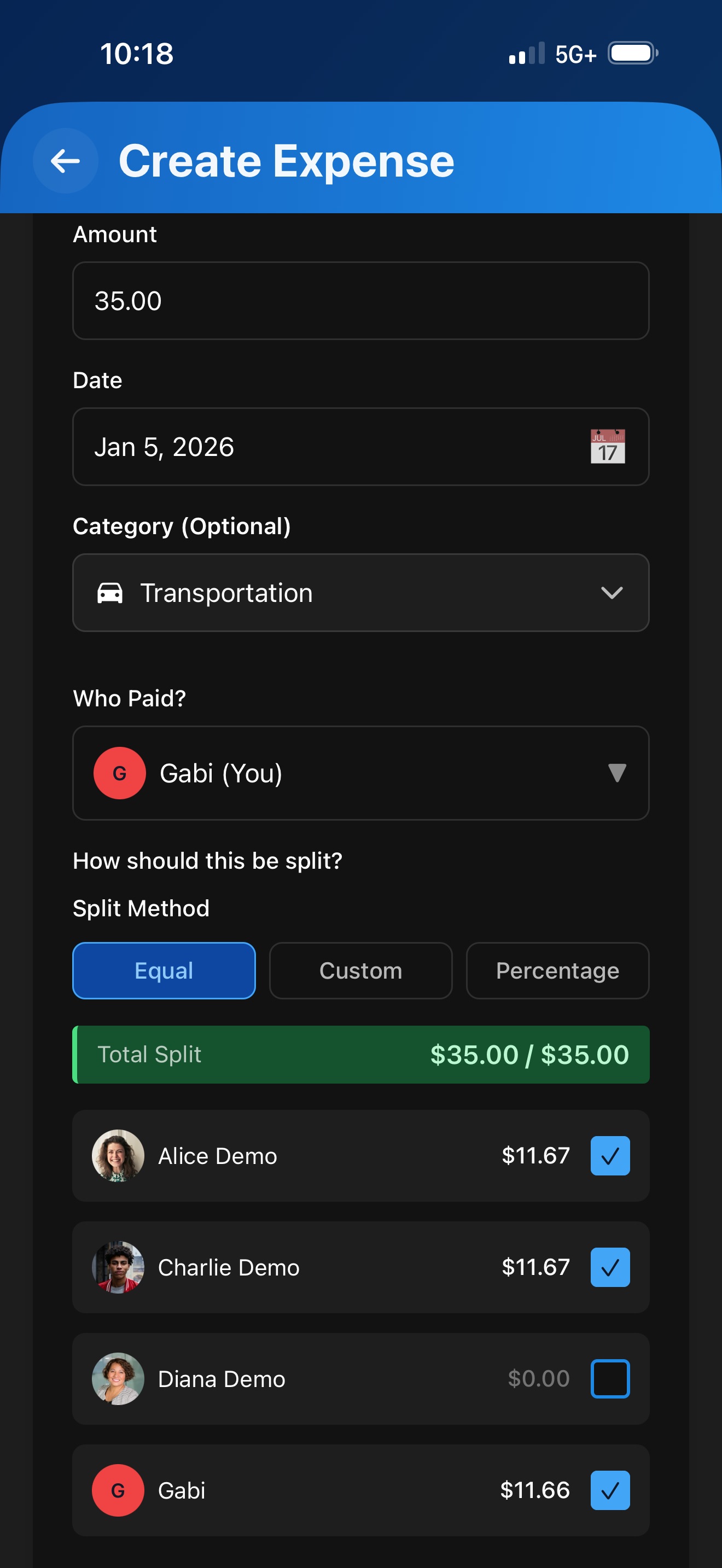 Creating an expense with only some team members selected