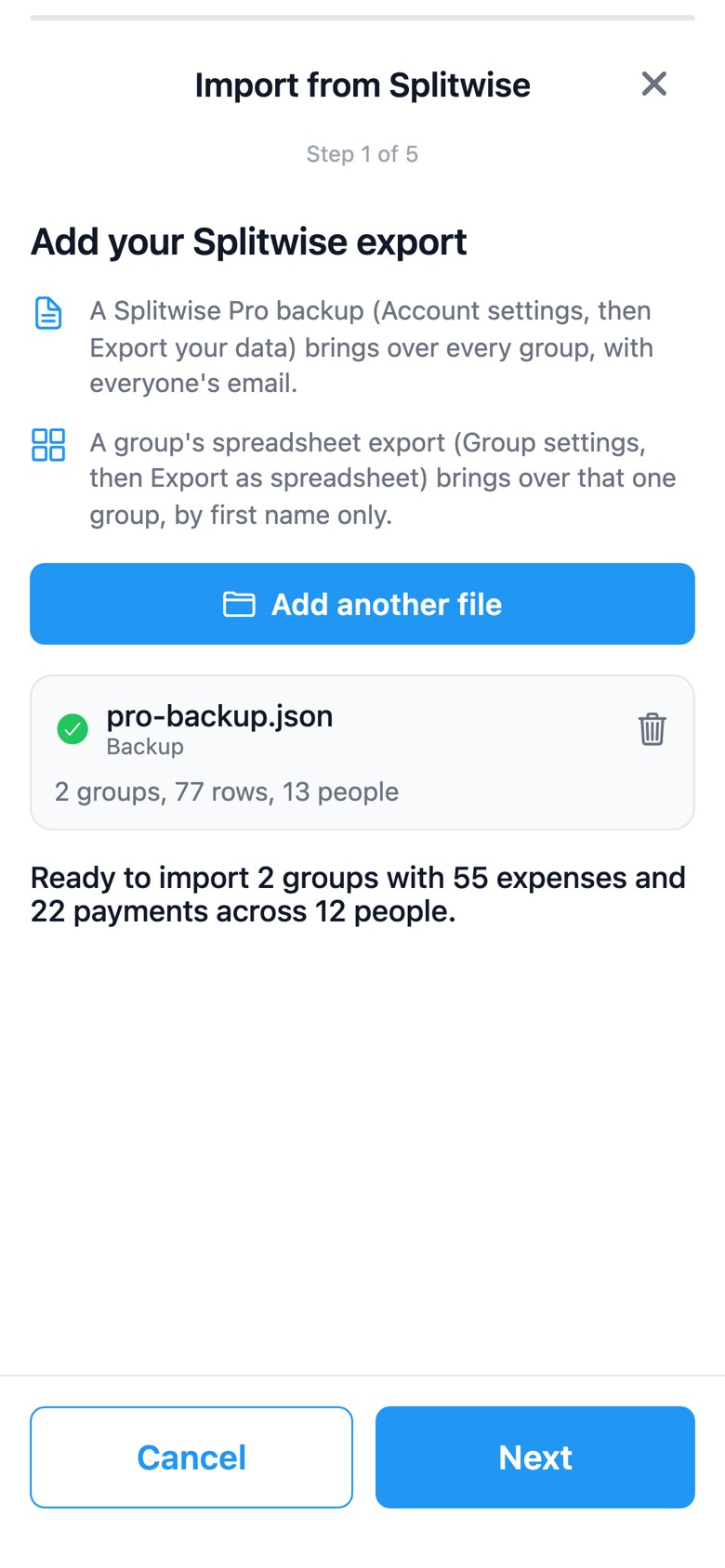 SplitterUp's Files step, listing an added Splitwise export ready to import.