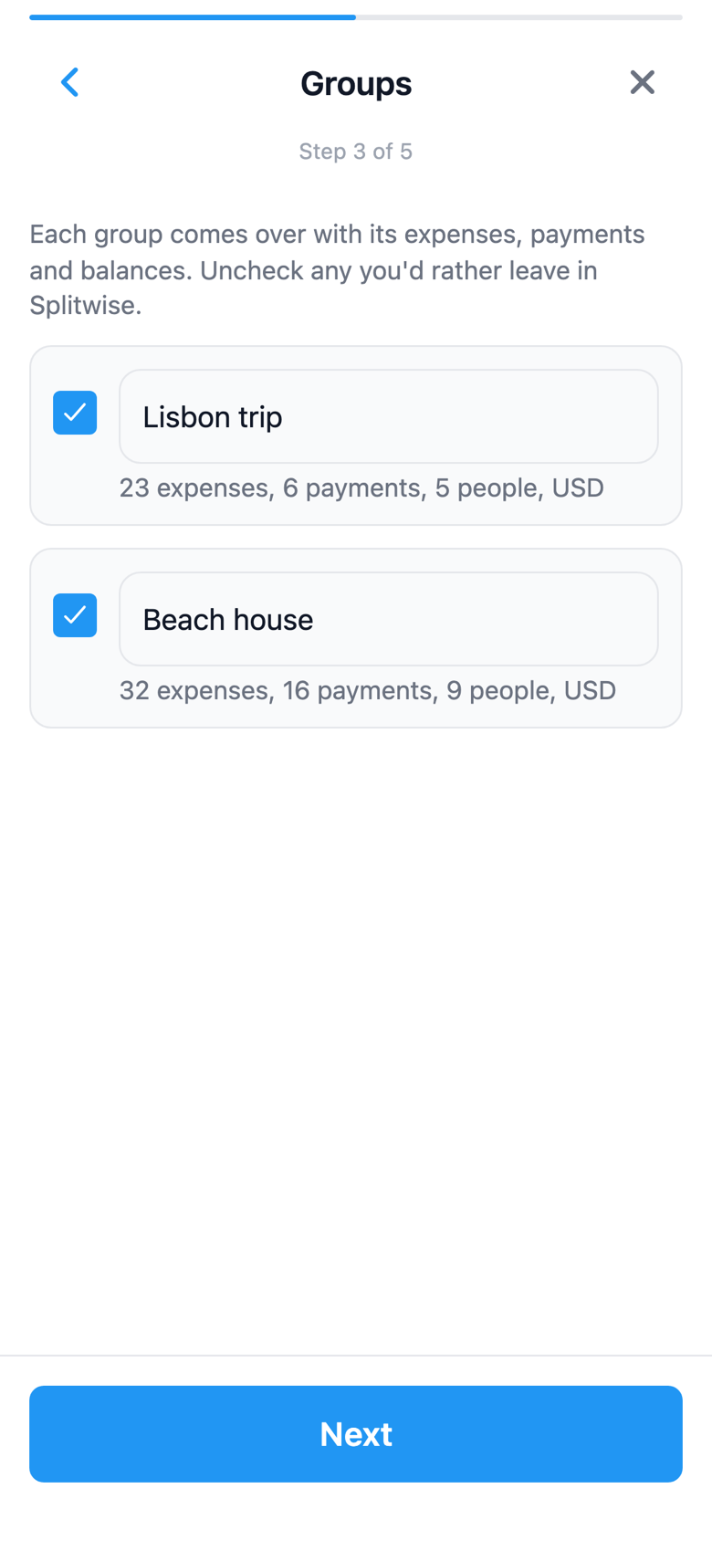 SplitterUp's Groups step, with each imported group ready to uncheck if you'd rather leave it in Splitwise.