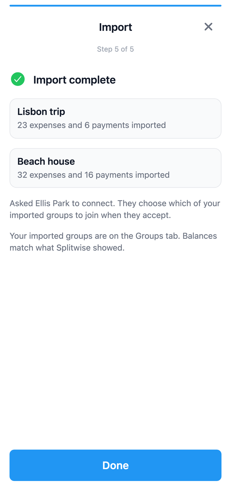 SplitterUp's import complete screen, showing groups, expenses, and payments brought in from Splitwise.