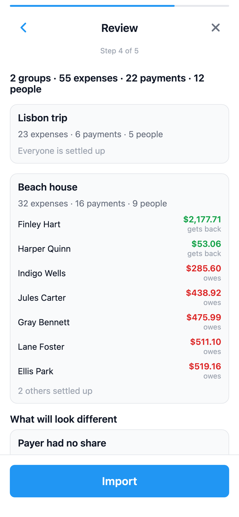 SplitterUp's Review step, showing the expenses, payments, and balances about to be imported.